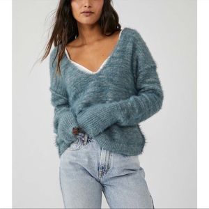 Free People Serendipity V-Neck Sweater in Storm Combo NWT, XS